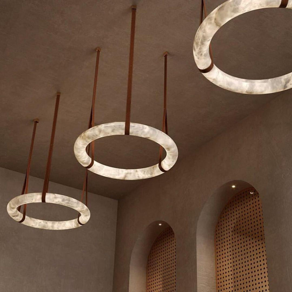 Oslo Pendant Alabaster Chandelier, Halo Ring Chandelier With Leather Chandelier Kevin Studio Inc 23.6" D Single Ring