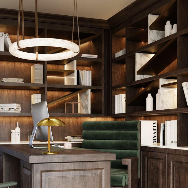 Oslo Pendant Alabaster Chandelier, Halo Ring Chandelier With Leather Chandelier Kevin Studio Inc