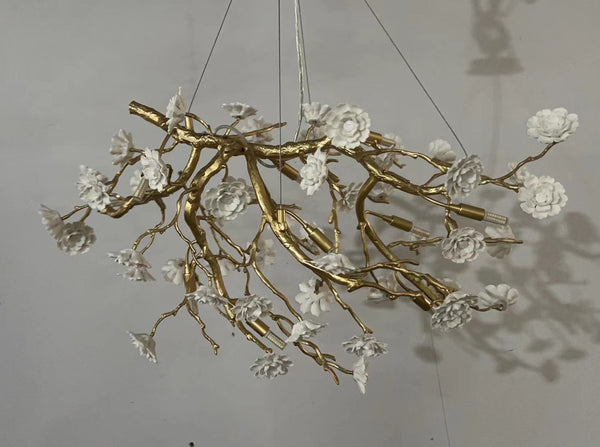 Post-Modern Art Brass and Ceramics Flower Pendant Branch Chandelier for Living/Dining Room-Chandeliers-Arialamps