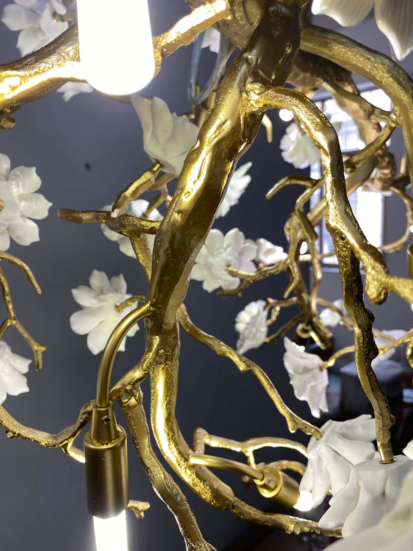 Post-Modern Art Brass and Ceramics Flower Pendant Branch Chandelier for Living/Dining Room-Chandeliers-Arialamps