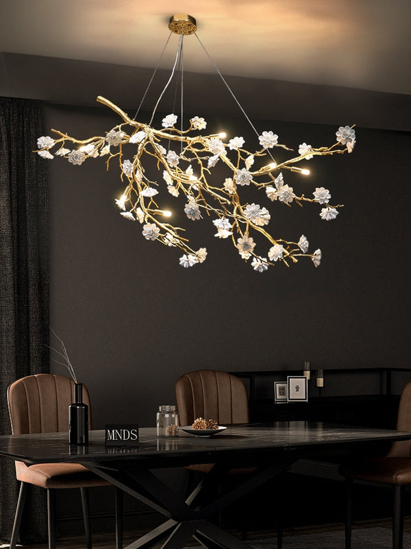 Post-Modern Art Brass and Ceramics Flower Pendant Branch Chandelier for Living/Dining Room-Chandeliers-Arialamps