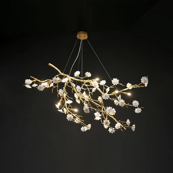 Post-Modern Art Brass and Ceramics Flower Pendant Branch Chandelier for Living/Dining Room-Chandeliers-Arialamps