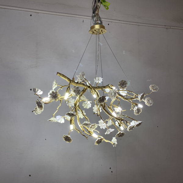 Post-Modern Art Brass and Ceramics Flower Pendant Branch Chandelier for Living/Dining Room-Chandeliers-Arialamps