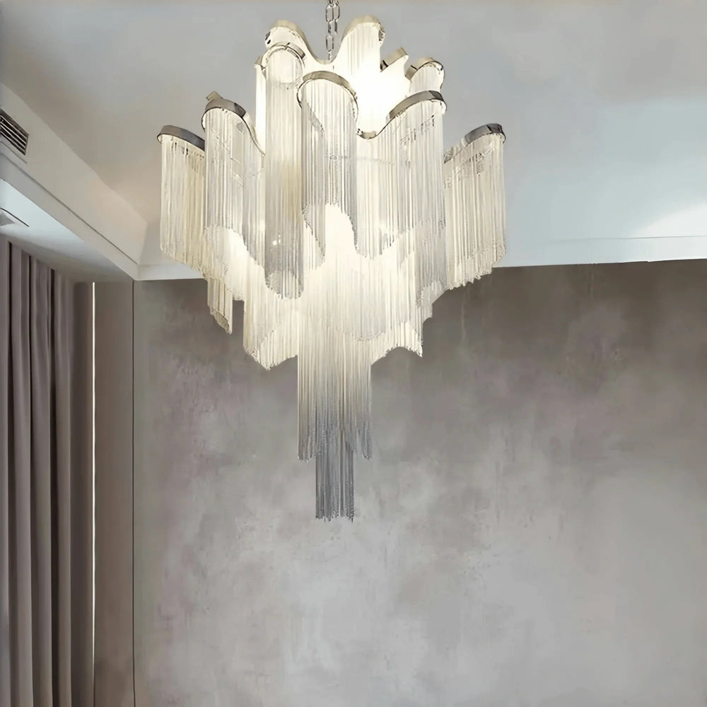 Post - Modern Extra Large Stainless Steel Long Tassel Chandelier - Arialamps