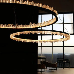 Round Modern Chandelier Brass & Clear Geode Quartz Crystal Hanging Light - Arialamps