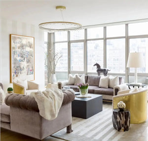 Round Modern Chandelier Brass & Clear Geode Quartz Crystal Hanging Light - Arialamps