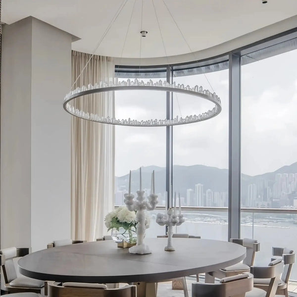 Round Modern Chandelier Brass & Clear Geode Quartz Crystal Hanging Light - Arialamps