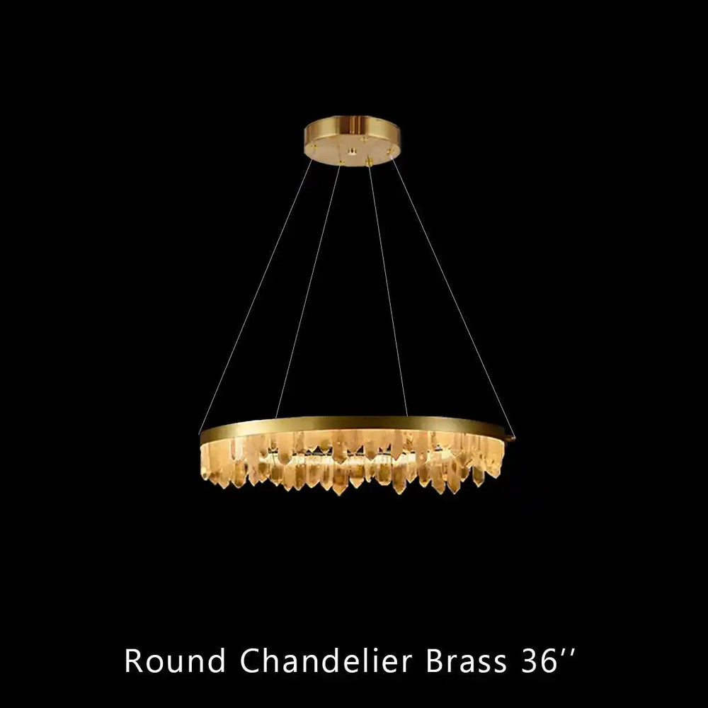 Round Modern Chandelier Brass & Clear Geode Quartz Crystal Hanging Light - Arialamps