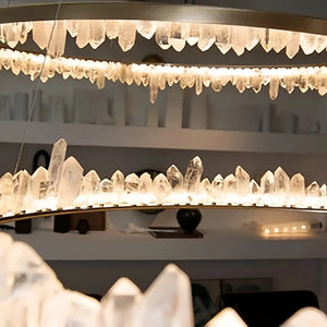 Round Modern Chandelier Brass & Clear Geode Quartz Crystal Hanging Light - Arialamps