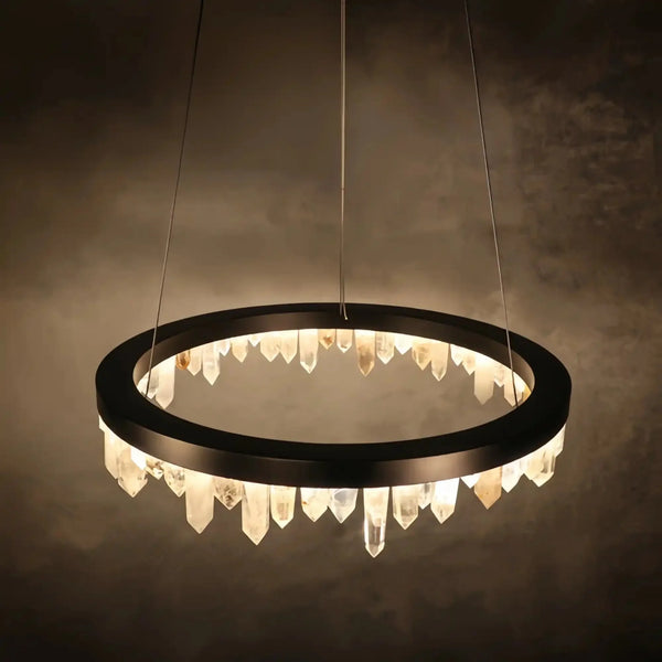 Round Modern Chandelier Brass & Clear Geode Quartz Crystal Hanging Light - Arialamps