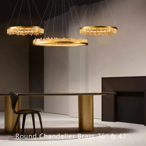 Round Modern Chandelier Brass & Clear Geode Quartz Crystal Hanging Light - Arialamps