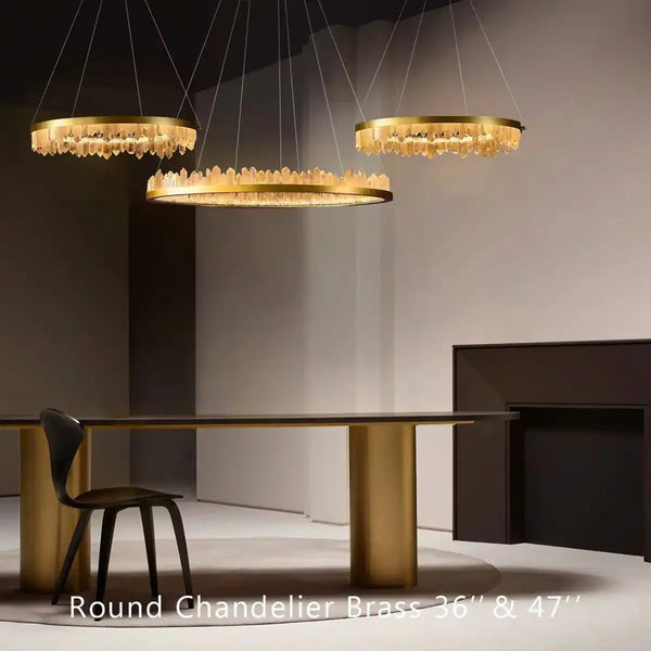 Round Modern Chandelier Brass & Clear Geode Quartz Crystal Hanging Light - Arialamps