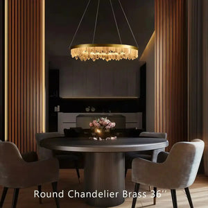 Round Modern Chandelier Brass & Clear Geode Quartz Crystal Hanging Light - Arialamps