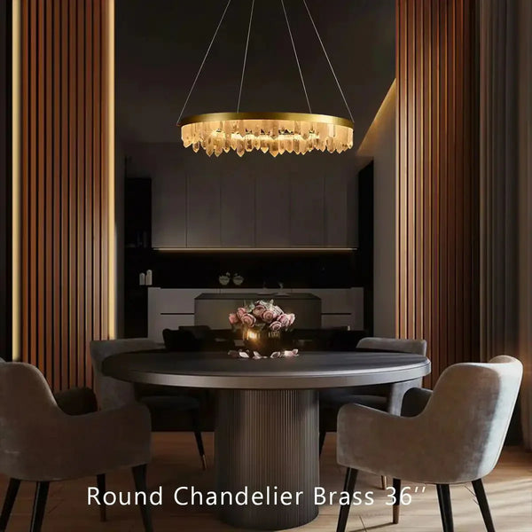Round Modern Chandelier Brass & Clear Geode Quartz Crystal Hanging Light - Arialamps