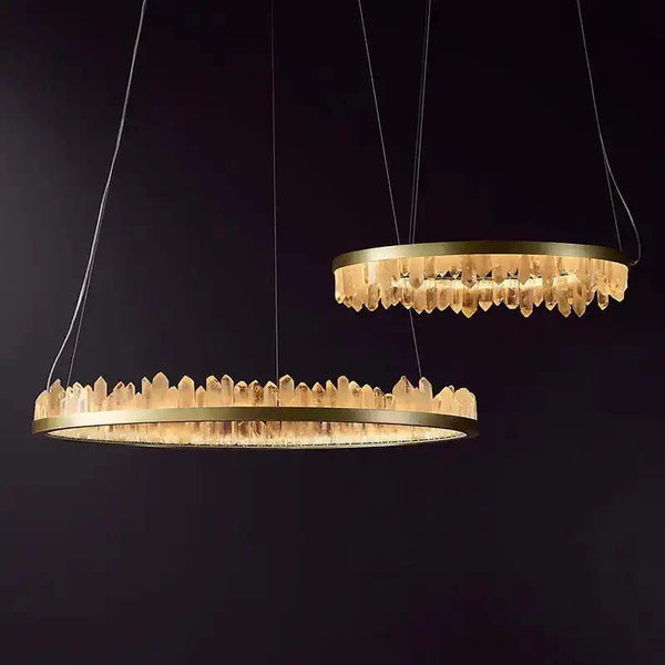 Round Modern Chandelier Brass & Clear Geode Quartz Crystal Hanging Light - Arialamps