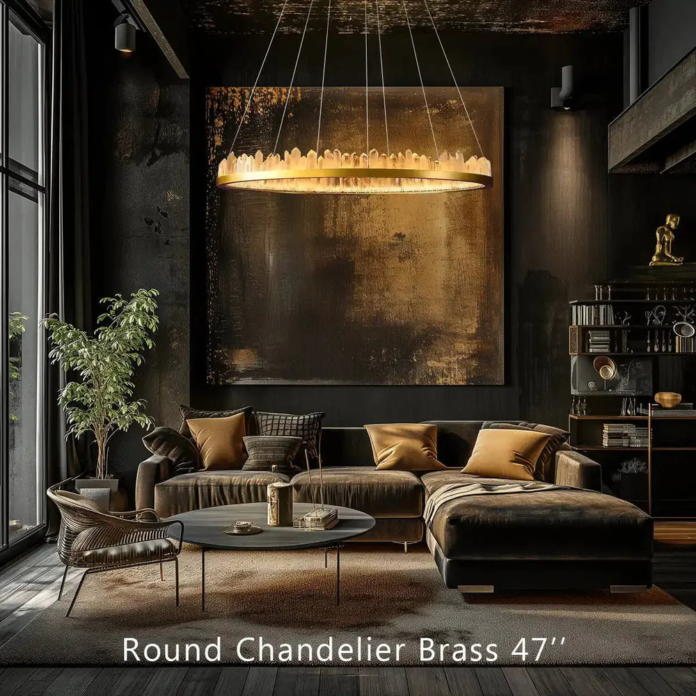Round Modern Chandelier Brass & Clear Geode Quartz Crystal Hanging Light - Arialamps