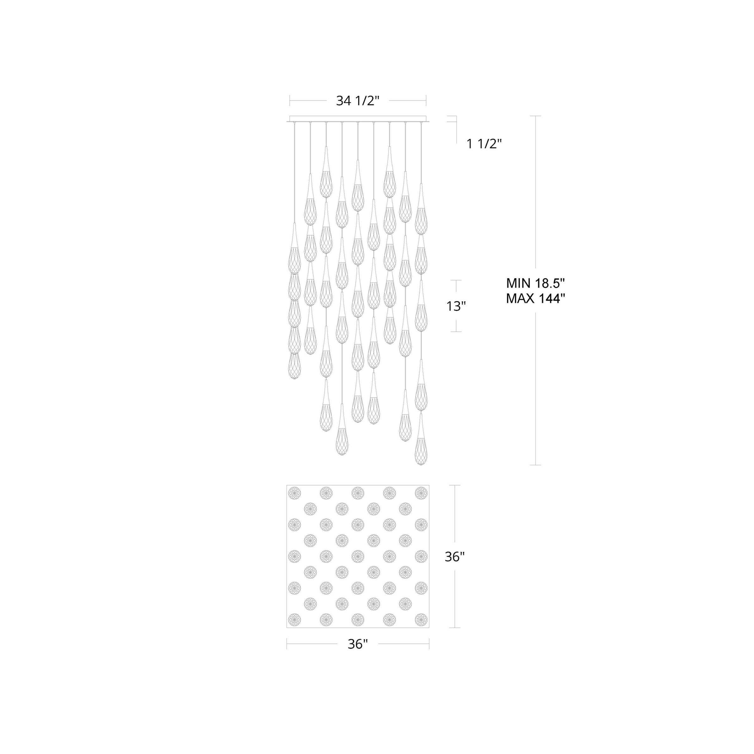 Hibiscus Square LED Multi Pendant Light - line drawing.