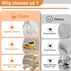 Silver Ceramic Ginkgo Leaf Branch Chandelier – 47.2" Brass Rectangle