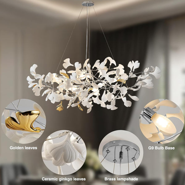 Silver Ginkgo Leaf Branch Chandelier – 59" Modern Brass Light