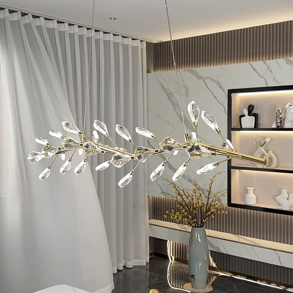 Sleek Modern Branch Crystal Leaves Linear Chandelier for Kitchen Island and Dining Room-Chandeliers-Arialamps
