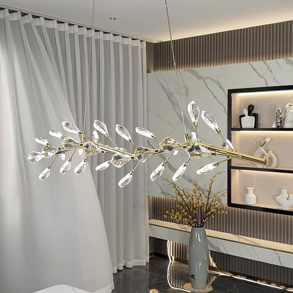 Sleek Modern Branch Crystal Leaves Linear Chandelier for Kitchen Island and Dining Room-Chandeliers-Arialamps