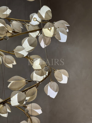 Spiral Pure White Magnolia Chandelier with Golden Branches for Staircase/High-ceiling Space/Foyer/ Duplex-Chandeliers-Arialamps
