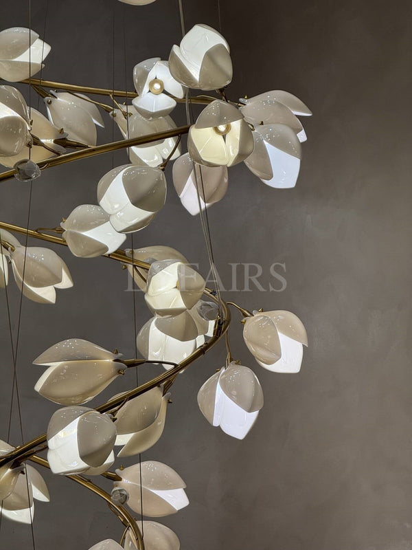 Spiral Pure White Magnolia Chandelier with Golden Branches for Staircase/High-ceiling Space/Foyer/ Duplex-Chandeliers-Arialamps