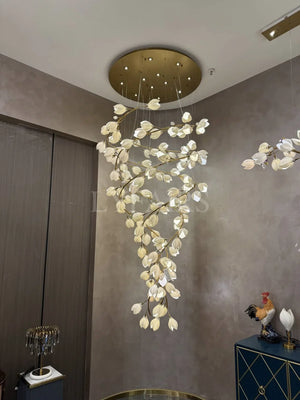 Spiral Pure White Magnolia Chandelier with Golden Branches for Staircase/High-ceiling Space/Foyer/ Duplex