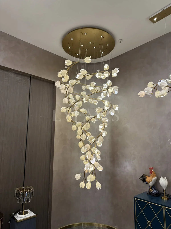 Spiral Pure White Magnolia Chandelier with Golden Branches for Staircase/High-ceiling Space/Foyer/ Duplex