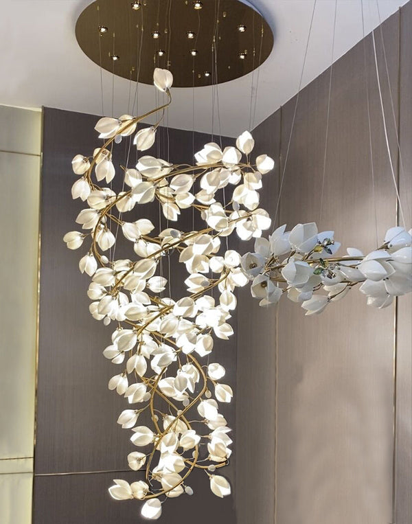 Spiral Pure White Magnolia Chandelier with Golden Branches for Staircase/High-ceiling Space/Foyer/ Duplex-Chandeliers-Arialamps