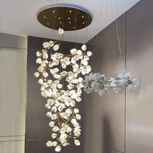 Spiral Pure White Magnolia Chandelier with Golden Branches for Staircase/High-ceiling Space/Foyer/ Duplex-Chandeliers-Arialamps