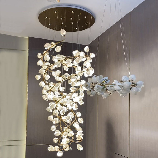 Spiral Pure White Magnolia Chandelier with Golden Branches for Staircase/High-ceiling Space/Foyer/ Duplex-Chandeliers-Arialamps