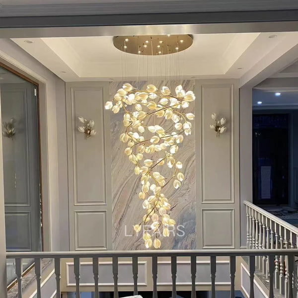 Spiral Pure White Magnolia Chandelier with Golden Branches for Staircase/High-ceiling Space/Foyer/ Duplex