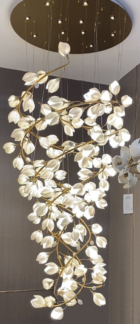 Spiral Pure White Magnolia Chandelier with Golden Branches for Staircase/High-ceiling Space/Foyer/ Duplex-Chandeliers-Arialamps