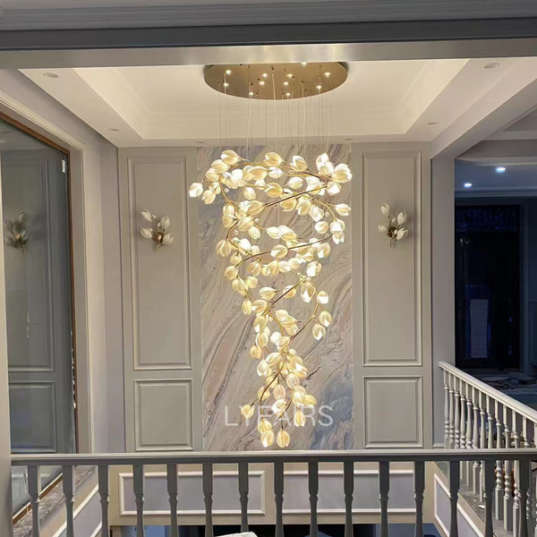 Spiral Pure White Magnolia Chandelier with Golden Branches for Staircase/High-ceiling Space/Foyer/ Duplex-Chandeliers-Arialamps