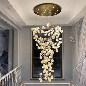 Spiral Pure White Magnolia Chandelier with Golden Branches for Staircase/High-ceiling Space/Foyer/ Duplex