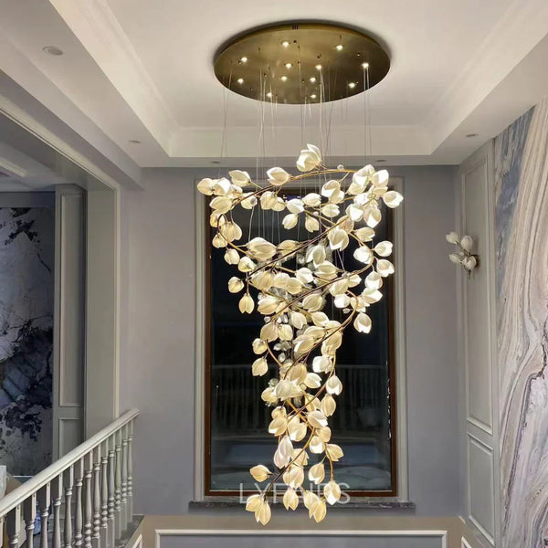 Spiral Pure White Magnolia Chandelier with Golden Branches for Staircase/High-ceiling Space/Foyer/ Duplex