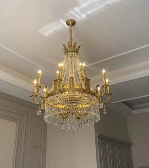 Stunning Oversized Luxury Golden Metal Candle Crystal Tassel Chandelier For High - ceiling - Arialamps