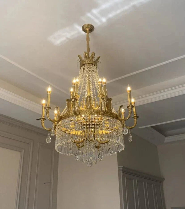 Stunning Oversized Luxury Golden Metal Candle Crystal Tassel Chandelier For High - ceiling - Arialamps
