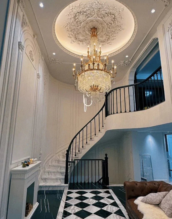 Stunning Oversized Luxury Golden Metal Candle Crystal Tassel Chandelier For High - ceiling - Arialamps