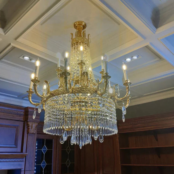 Stunning Oversized Luxury Golden Metal Candle Crystal Tassel Chandelier For High - ceiling - Arialamps