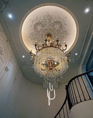 Stunning Oversized Luxury Golden Metal Candle Crystal Tassel Chandelier For High - ceiling - Arialamps