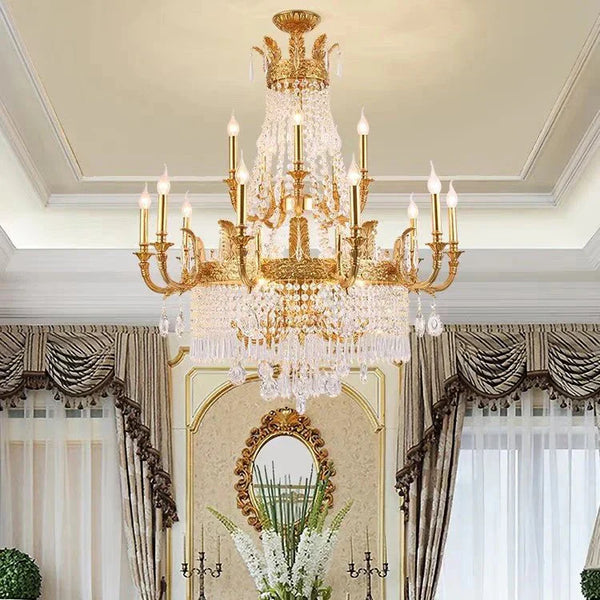 Stunning Oversized Luxury Golden Metal Candle Crystal Tassel Chandelier For High - ceiling - Arialamps