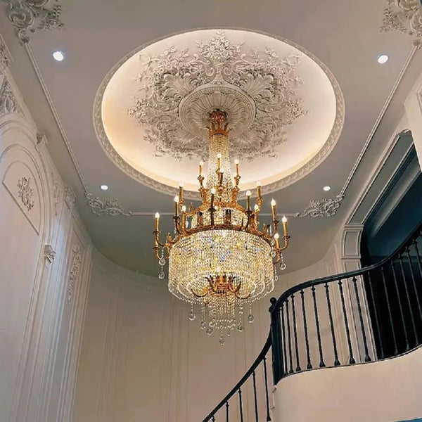 Stunning Oversized Luxury Golden Metal Candle Crystal Tassel Chandelier For High - ceiling - Arialamps