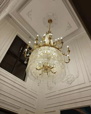 Stunning Oversized Luxury Golden Metal Candle Crystal Tassel Chandelier For High - ceiling - Arialamps