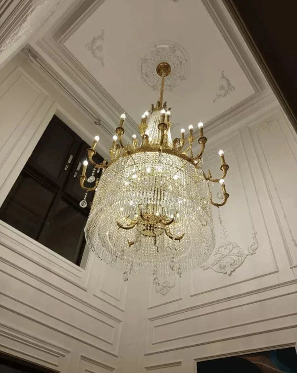 Stunning Oversized Luxury Golden Metal Candle Crystal Tassel Chandelier For High - ceiling - Arialamps