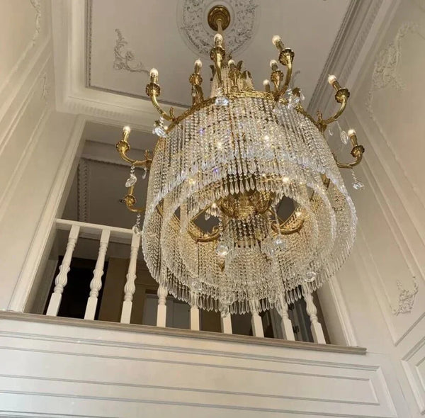 Stunning Oversized Luxury Golden Metal Candle Crystal Tassel Chandelier For High - ceiling - Arialamps