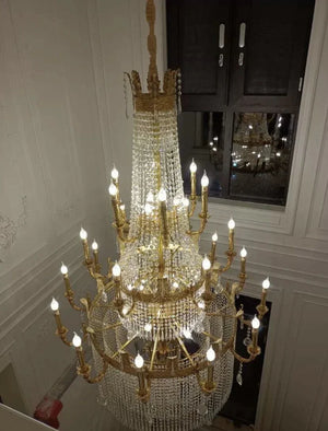 Stunning Oversized Luxury Golden Metal Candle Crystal Tassel Chandelier For High - ceiling - Arialamps