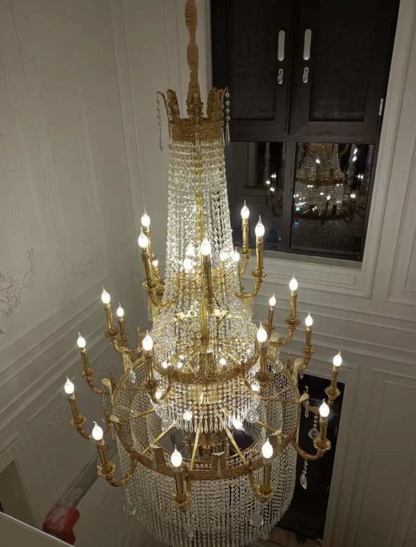 Stunning Oversized Luxury Golden Metal Candle Crystal Tassel Chandelier For High - ceiling - Arialamps