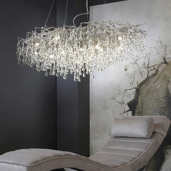 Stunning Tree Branch Crystal Chandelier with Clear Teardrop-shaped for Living/Dining Room-Chandeliers-Rectangle L39.4”*W25.6”*H25.6”/10 Lights/27kg-Chrome-Warm Light-Arialamps